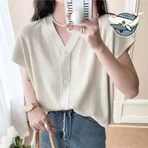 여름 브이넥 가디건 캐주얼 반팔 니트 루즈핏 여성 용 카디건 볼레로 크롭 얇은