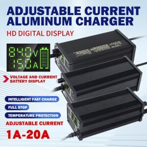 48V 1-8A 1-10A 리튬 배터리 충전기 13S 14S 15S 16S 54.6V 58.8V 고출력 LCD 디스플레이 금속 쉘