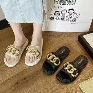 블랙 체인 샌들 신발 메탈 슬리퍼 뮬슬리퍼 여자여름샌들 여성신발 뮬슈즈-WFO4TTT