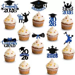 캣콘 블루 앤 블랙 졸업 케이크 토퍼 2026 36팩 장식용 컵케이크