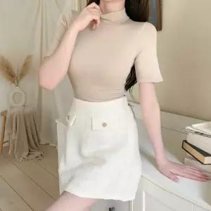 여성용 기본 스판 반팔 폴라 티셔츠 남방 터틀넥