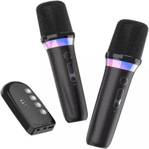 Myxtren 자동차 노래방 마이크 3.5mm Aux 인/아웃 리시버가 장착된 듀얼 핸드헬드 충전식 다이내믹 노래