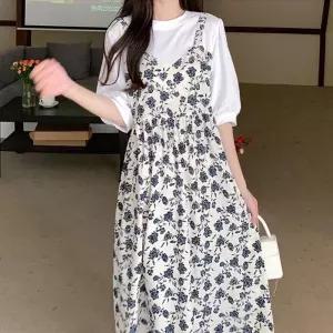 [옷자락] 여자 반팔 티셔츠 뷔스티에 플라워 레이어드 롱원피스