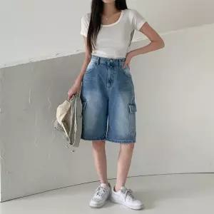 여성 빈티지 워싱 카고 데님 반바지 Y2K 팬츠 쇼츠