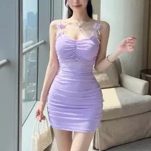 여자 끈나시 드레이프 플라워 슬림 미니원피스