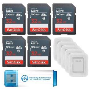32GB 울트라 SD 메모리 카드 5팩 SDHC UHS-I 클래스 10(SDDUNR-032G-GN3IN) 번들 5개의 케이스와 스트롬볼리 3.0 리더를 제외한 모든 것 1개 포함