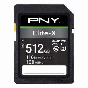 PNY 512GB 엘리트-X 클래스 10 U3 V30 SDXC 플래시 메모리 카드 - 100MB/s 4K UHD 풀 HD UHS-I 사이즈 SD(1팩)