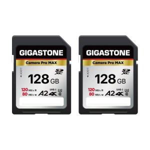5년 데이터 복구 기가스톤 128GB SD 카드 2팩 4K 카메라 프로 맥스 A2 SDXC 메모리 고속 UHD 비디오 캐논 코닥 디지털 카메라와 호환 미니 케이스 2개 포함