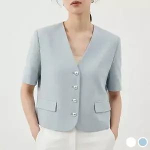 여자 단정핏 크롭 반팔 브이넥 진주버튼 자켓