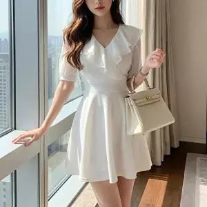 [옷자락]여자 봄 여름 반팔 쉬폰 프릴 브이넥 미니원피스