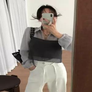 썸머 시스루 루즈핏 끈나시 민소매 여성 뷔스티에 크롭 라운드 반팔티 펀칭 티 화이트 끈
