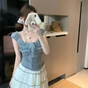 여성 밴딩 프릴 셔링 리본 스트링 오프숄더 티셔츠 오프숄더티