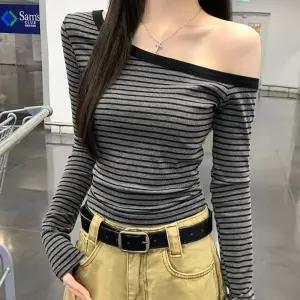 여자 오프숄더 스트라이프 데일리 긴팔티
