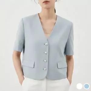 여자 단정핏 크롭 반팔 브이넥 진주버튼 자켓