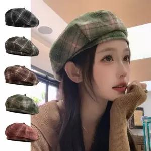 그린 체크 베레모 가을 베레모 여성 벙거지모자 여자 남자 코디