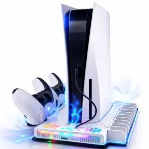 디스크 및 디지털 콘솔용 PS5/슬림/프로 냉각 스테이션 스탠드 - RGB 조명이 있는 충전 컨트롤러 충전기