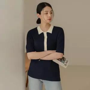 [55-120] 코배 실크 배색 카라 반팔 티