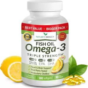 트리플 스트렝스 오메가 3 피쉬 오일 보충제 2400mg 180캡슐 버플리스 고효능 레몬 향 남녀용 고농축 EPA