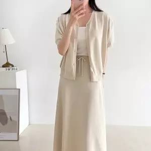 [신세계라이브쇼핑][옷자락] 여자 투피스 여름니트 브이 가디건 A라인 롱스커트 세트