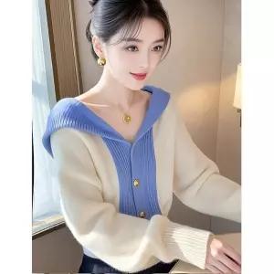EAMT 여성용 니트 외부 티셔츠 미니멀 조가을 배색 후드 카디건 EUNG3