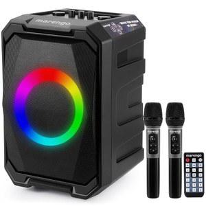 Marengo 블루투스 스피커 무선 마이크 2개가 있는 휴대용 파티 최대 800W 사운드 RGB 조명 12H TWS 노래방 기계 실내 실외 뒷마당용 USB AUX 마이크 입력 지원
