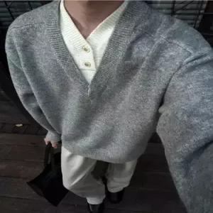 엘럽 남성 니트 오피스룩 캐주얼 빈티지 투피스 빈티지한 탑 브이넥 가짜 원템1