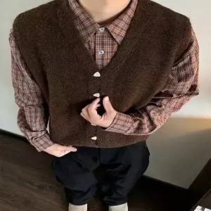 엘럽 남친 니트 빈티지 캐주얼 브이넥 가디건 아우터 플란넬 나시 단추 원템1