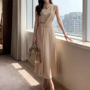 여자 봄 여름 데일리 드레이프 민소매 롱원피스