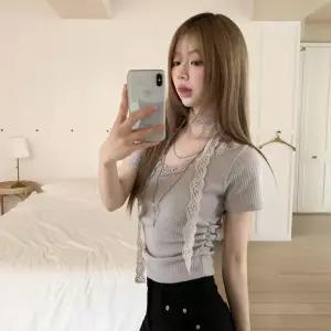 [옷자락] 여성 봄가을 레이스 V넥 초커 골지 반팔 니트
