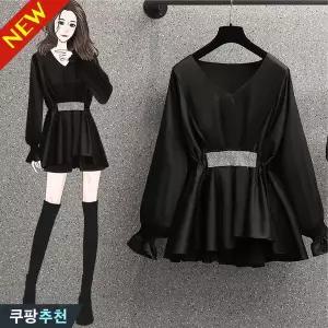 (세일 추천) 100kg까지 브이넥 허리꼬임 핫피스 셔츠 봄 편한 허리프릴 레이어드 긴팔 젊어 보이는 예쁜 셔