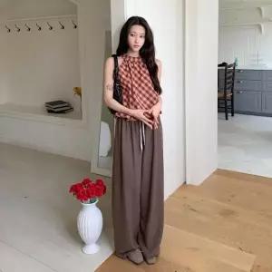 여성 벌룬핏 홀터넥 뒷단추 체크 셔츠