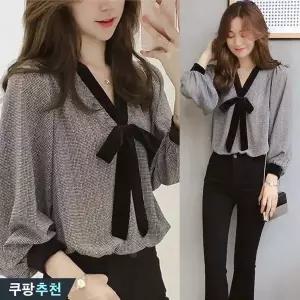 (완전 추천) 90kg까지 빅사이즈 여성 브이넥 리본 어깨 퍼프 체크 블라우스 봄 가을 편한 프렌치 우아한 단