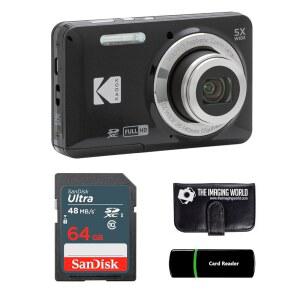 코닥 픽스프로 FZ55 블랙 16MP 디지털 카메라 5X 광학 줌 28mm 광각 1080P 풀 HD 비디오 2.7인치 LCD 카메라 + 64GB 카드 및 리더 + 메모리 지갑