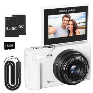 사진 촬영용 4K 디지털 카메라, 3인치 180 플립 스크린, 18배 디지털 줌 포인트, 초급용 32GB 마이크로 SD 카드(화이트)로 6400만 화소 유튜브 브이로그 카메라 제공