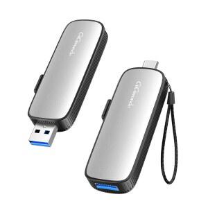 기문도 256GB 외장 휴대용 SSD, 최대 1073MB/s 듀얼 포트 USB C 엄지 드라이브 USB 3.2세대 2+USB A 솔리드 스테이트 드라이브 iPhone 15 /16 /17 /Android /Mac,Silver