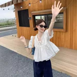 여성용 팬츠 퍼프 셔츠 룩 스트링 + OP1
