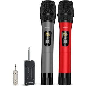 노래방, 결혼식, 노래, DJ, 파티, 연설, 교회를 위한 1/4인치 플러그 충전식 수신기, 160피트, 프로페셔널 메탈 듀얼 핸드헬드 무선 다이내믹 마이크 시스템을 갖춘 Bietrun UHF