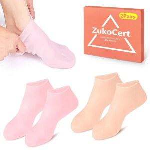 ZukoCert 2쌍의 건조한 발을 위한 실리콘 보습 양말, 여성용 재사용 가능한 젤 풋 마스크 거친 발뒤꿈치와 굳은살 부드럽게 하기, 홈 스킨케어를 미끄럼 방지 스파 페디큐어 부츠