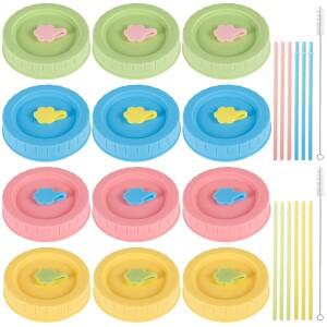 호환상품 12Pcs  플라스틱 메이슨 항아리 뚜껑 세트 70mm 와이드 입 실리콘 통조림 밀짚 구멍 청소 브러쉬