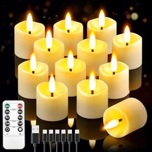 NVJGROP 충전식 불꽃 없는 양초 리모컨 포함 X2 LED 보티브 가짜 깜빡이는 라이트 양초 배터리 결혼식 창문 테이블 데코용 12팩