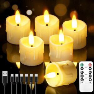 원격 타이머가 장착된 충전식 불꽃 없는 양초 X2 LED 라이트 양초 배터리 작동 가정용 테이블 기념 결혼식 장식용 전기 가짜 깜빡임 투표 양초 6팩