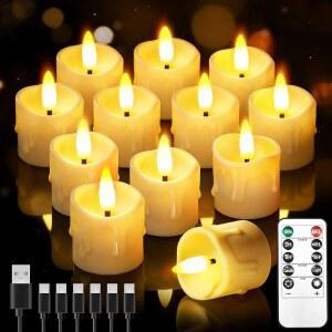 원격 타이머가 장착된 충전식 불꽃 없는 양초 X2 LED 라이트 양초 배터리 작동 가정용 테이블 기념 결혼식 장식용 전기 가짜 깜빡임 투표 양초 12팩