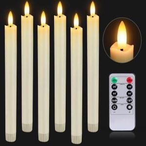 HINZER 6개의 없는 테이퍼 캔들 리모컨 타이머가 장착된 6인치 리얼 왁스 배터리 작동 LED 따뜻한 3D 깜빡임 창문 할로윈 크리스마스 웨딩 장식용 아이보리