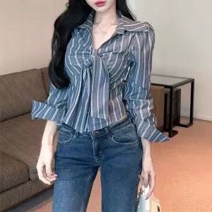 레티고 개강룩 프렌치 시크 여리핏 리본 브이넥 긴팔 크롭 셔츠