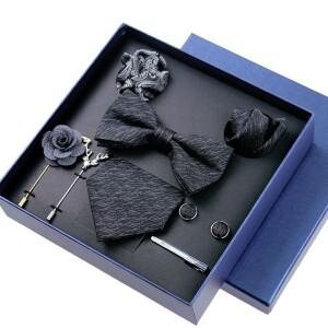 8피스 세트 Bussiness Blue Ties For Mans 꽃 브로치 핀 커프스 단추 타이 클립 나비 Bowtie 웨딩 Accessor