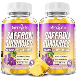 어린이와 성인을 위한 GrnLife 2팩 사프란 구미, 88.5mg 추출물이 함유된 10-in-1 보충제, 차분한 마음과 집중력, Zzz, 무설탕, 맛, 120 카운트