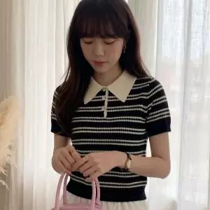 BANHANY 코라？？ 폴로 카라 스트라이프 크롭 반팔 니트