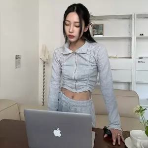 |KHD29BE|여성 골지 스트링 집업 밴딩 절개 바지 세트