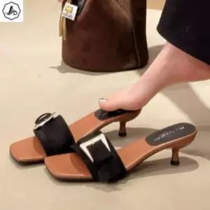 [애슬릿] 스퀘어 뮬 빅 버클 밴드 발편한 키높이 슬리퍼 힐 5cm