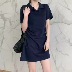 KHO5A54여성 면혼합 슬림핏 카라 반팔 미니 드레스 옆 셔링 디자인